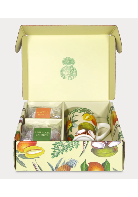 VIAGGIO AI TROPICI SCATOLA REGALO - 20 BUSTE DI INFUSI ALLA FRUTTA CON UNA TAZZA IN REGALO