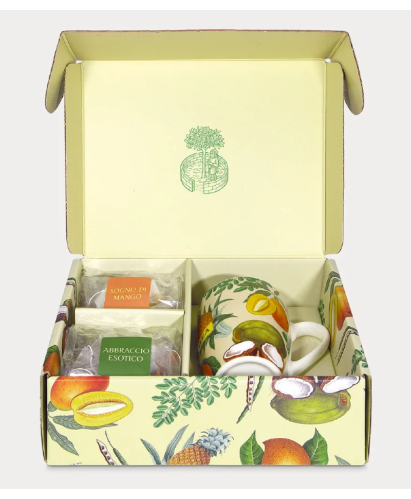 VIAGGIO AI TROPICI SCATOLA REGALO - 20 BUSTE DI INFUSI ALLA FRUTTA CON UNA TAZZA IN REGALO
