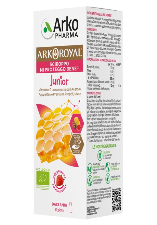 ARKOROYAL MI PROTEGGO Junior SCIROPPO gusto fragola - vitamina C da acerola, Royal Jelly, propoli, miele