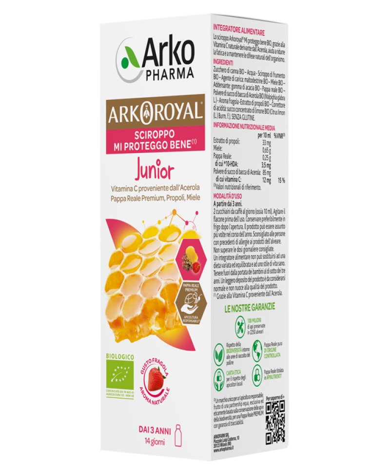 ARKOROYAL MI PROTEGGO Junior SCIROPPO gusto fragola - vitamina C da acerola, Royal Jelly, propoli, miele