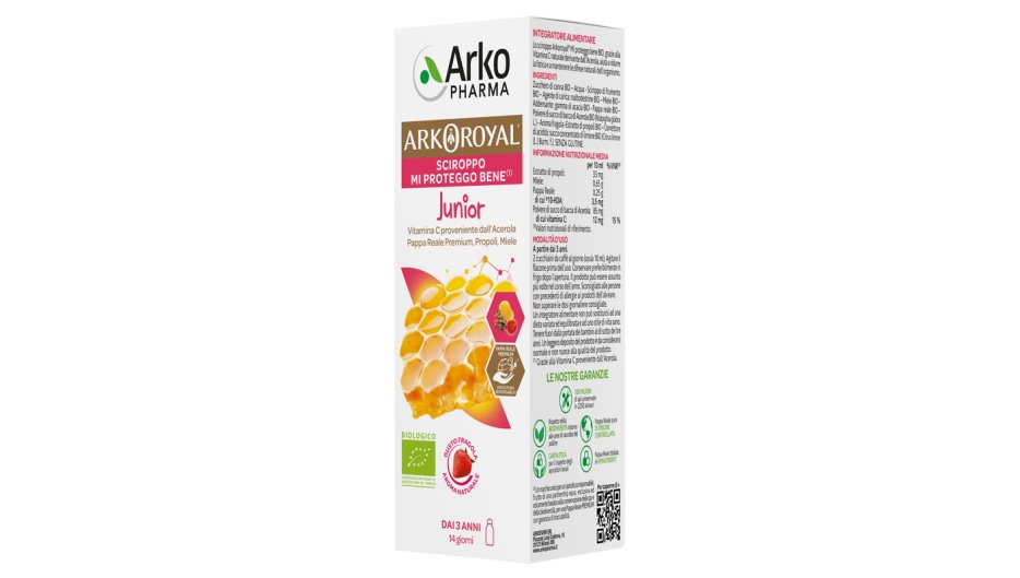 ARKOROYAL MI PROTEGGO Junior SCIROPPO gusto fragola - vitamina C da acerola, Royal Jelly, propoli, miele