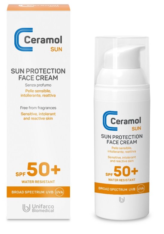 CERAMOL CREMA SOLARE VISO PROTEZIONE MOLTO ALTA filtri fotostabili, crema ristrutturante SPF 50+