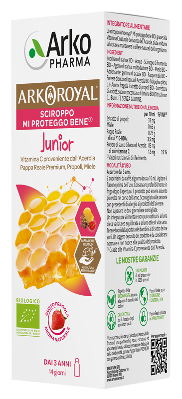 ARKOROYAL MI PROTEGGO Junior SCIROPPO gusto fragola - vitamina C da acerola, Royal Jelly, propoli, miele